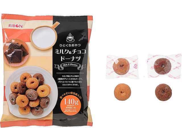 セブンイレブンのリボン ひとくちおやつ ミルク＆チョコドーナツを比較する。税込価格：257円。アレルギー：卵、乳、小麦。