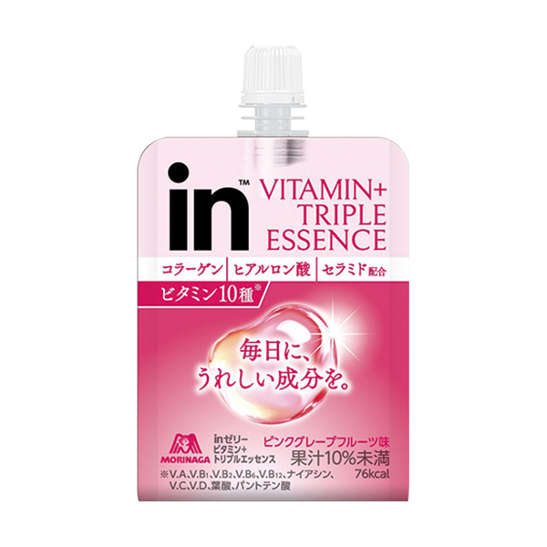 ファミリーマートのinゼリービタミン+トリプルエッセンスを比較する。税込価格：226円。ビタミン10種、コラーゲン、ヒアルロン酸、セラミドをぎゅっとチャージできるinゼリーです。ピンクグレープフルーツ味のすっきりした味わいが特徴です。（果汁10%未満） ［ファミリーマート限定］。