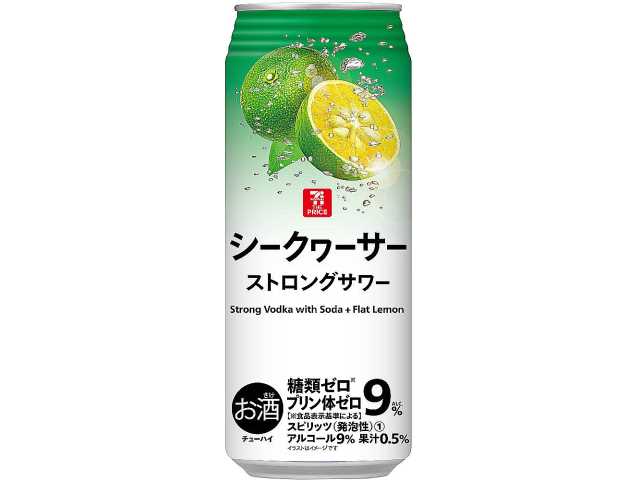 セブンイレブンの７ザ・プライス シークヮーサー ストロングサワー ５００ｍｌを比較する。税込価格：143円。沖縄産シークヮーサー果汁本来のフレッシュな香りと味わい、ストロングサワーならではのアルコール感がお楽しみいただけます。