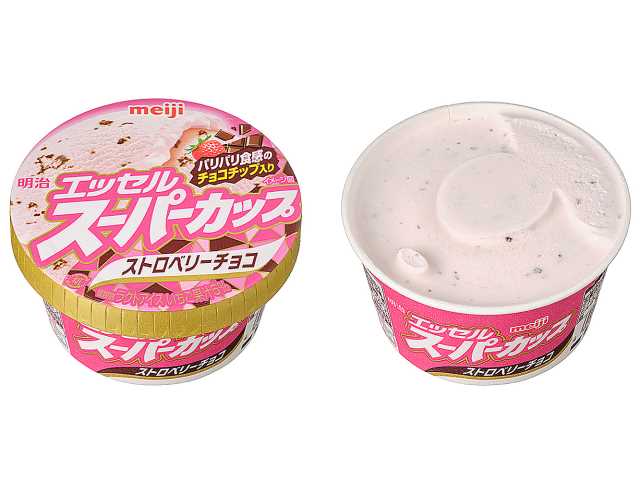 セブンイレブンの明治エッセル ストロベリーチョコを比較する。税込価格：194円。アレルギー：乳。