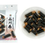 セブンイレブンの７プレミアム 品川巻を比較する。税込価格：214円、カロリー：95kcal、たんぱく質：2.6g、脂質：0.1g、炭水化物：21.3g、糖質：20.5g、食物繊維：0.8g、食塩相当量：0.6g。新潟県産のもち米を使用し、風味豊かな国産焼海苔を巻いた海苔巻きあられです。アレルギー：小麦。