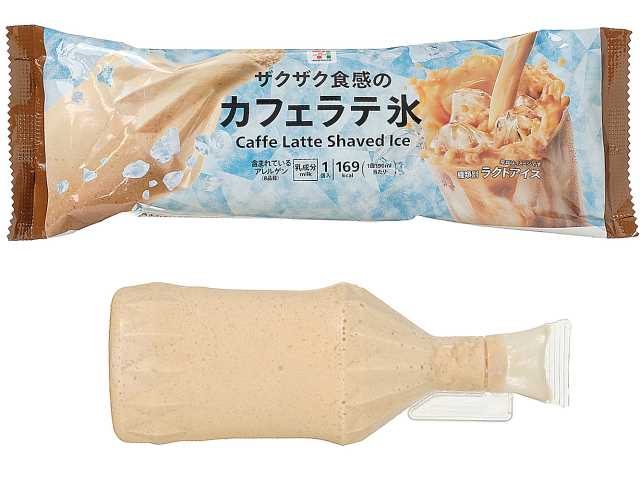 セブンイレブンの７Ｐ カフェラテ氷を比較する。税込価格：214円、カロリー：169kcal、たんぱく質：2.7g、脂質：4.5g、炭水化物：30g、糖質：28.9g、食物繊維：1.1g、食塩相当量：0.1g。甘さ控えめで後味スッキリの本格的なカフェラテの味わいと氷のザクザク食感が楽しめる、夏にぴったりのワンハンドアイスです。アレルギー：乳。