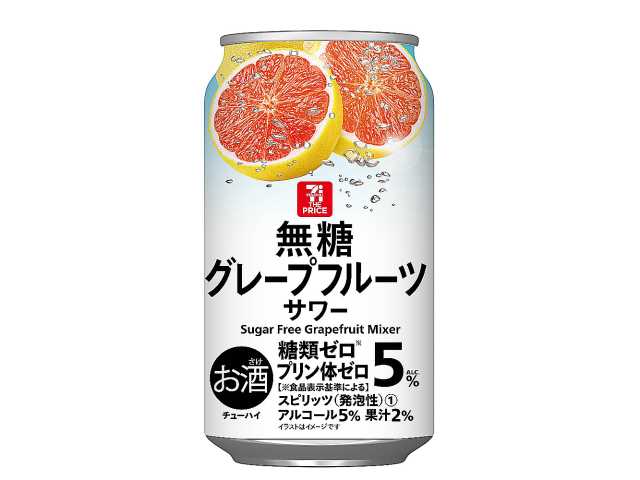 セブンイレブンの７ザ・プライス 無糖グレープフルーツサワー ３５０ｍｌを比較する。税込価格：102円。アルコール度数5%の無糖グレープフルーツサワーです。