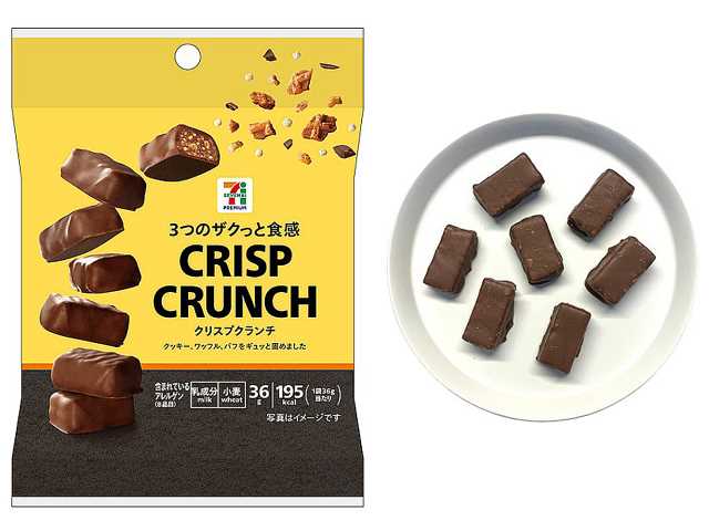 セブンイレブンのセブンプレミアム クリスプクランチを比較する。税込価格：117円、カロリー：195kcal、1円あたりカロリー：1.67kcal/円、たんぱく質：1.4g、1円あたりたんぱく質：0.01g/円、脂質：11.2g、炭水化物：22.5g、糖質：21.9g、食物繊維：0.6g、食塩相当量：0.1g。クッキー、ワッフル、パフをギュッと固めた、ザクっと食感を楽しむひとくちサイズのチョコレートです。アレルギー：乳、小麦。