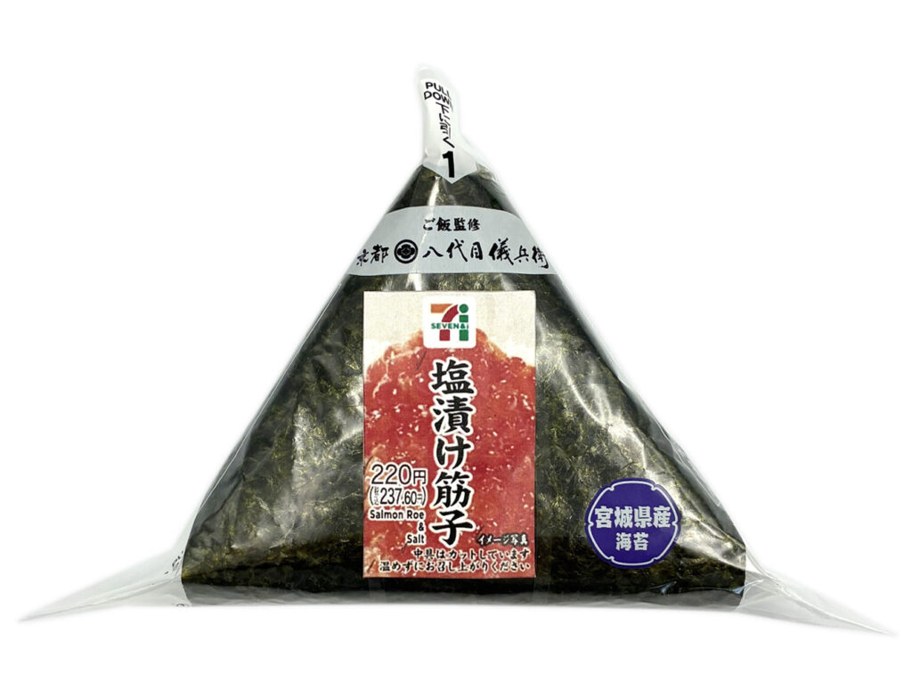 セブンイレブンの手巻おにぎり 塩漬け筋子を比較する。税込価格：238円、カロリー：171kcal、1円あたりカロリー：0.72kcal/円、たんぱく質：4.1g、1円あたりたんぱく質：0.02g/円、脂質：1.5g、炭水化物：36.3g、糖質：34.3g、食物繊維：2g、食塩相当量：1.8g。東北地域で馴染みのある塩漬け筋子を中具にしたおむすびです。アレルギー：なし。