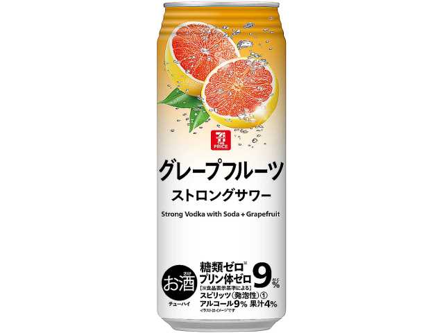 セブンイレブンの７ザプライス グレープフルーツストロングサワー５００ｍｌを比較する。税込価格：143円。しっかりとしたアルコール感と、2種類のグレープフルーツ果汁を使った華やかな香り・酸味が感じられる味わいに仕上げました。