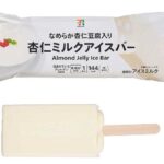 セブンイレブンの７プレミアム 杏仁ミルクアイスバーを比較する。税込価格：192円、カロリー：144kcal、1円あたりカロリー：0.75kcal/円、たんぱく質：1.5g、1円あたりたんぱく質：0.01g/円、脂質：6.8g、炭水化物：19.5g、糖質：19.3g、食物繊維：0.2g、食塩相当量：0.1g。本格的な杏仁の味わいと杏仁豆腐ゼリーの食感が楽しめるアイスバーです。アレルギー：乳。