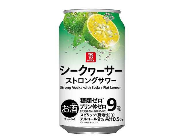 セブンイレブンの７ザ・プライス シークヮーサー ストロングサワー ３５０ｍｌを比較する。税込価格：102円。沖縄産シークヮーサー果汁本来のフレッシュな香りと味わい、ストロングサワーならではのアルコール感がお楽しみいただけます。