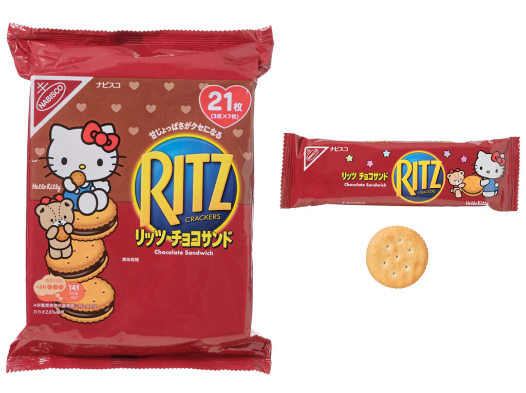 セブンイレブンのリッツ ハローキティ ファミリーパック チョコサンド ７袋入を比較する。税込価格：356円。アレルギー：小麦。