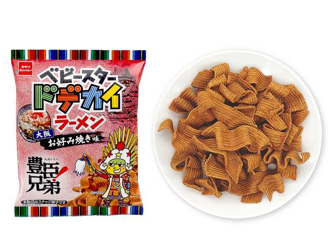 セブンイレブンのベビースタードデカイラーメン 豊臣兄弟！ 大阪お好み焼き味を比較する。税込価格：151円。アレルギー：小麦、えび。