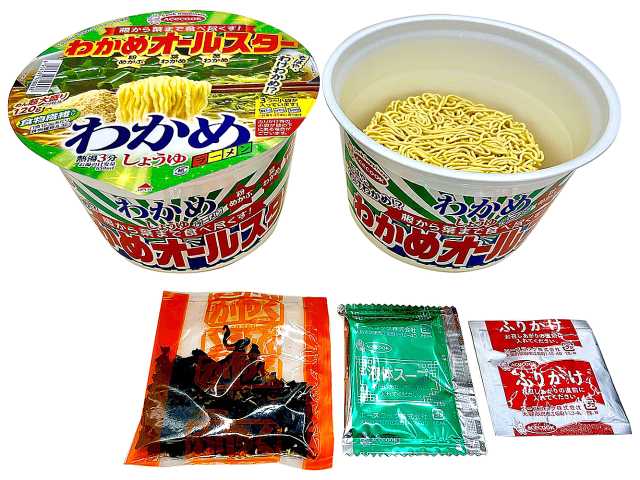 セブンイレブンのわかめオールスター わかめラーメン しょうゆを比較する。税込価格：376円。アレルギー：小麦。