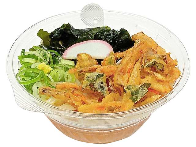 セブンイレブンの香る旨みつゆ 野菜かき揚げとわかめ冷かけうどんを比較する。税込価格：464円、カロリー：402kcal、1円あたりカロリー：0.87kcal/円、たんぱく質：7.8g、1円あたりたんぱく質：0.02g/円、脂質：7g、炭水化物：78.3g、糖質：75.7g、食物繊維：2.6g、食塩相当量：5.4g。だしが香るすっきりとした仕立てのつゆをたっぷり味わう冷たいうどんです。アレルギー：卵、乳、小麦。