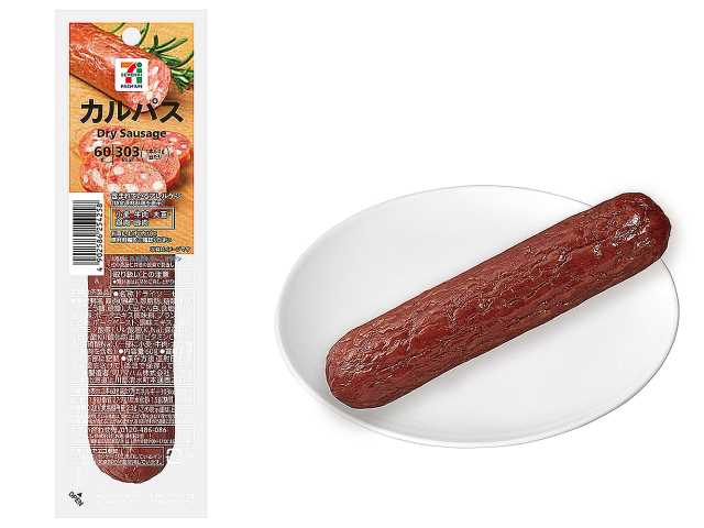 セブンイレブンの７プレミアム カルパスを比較する。税込価格：127円、カロリー：303kcal、1円あたりカロリー：2.38kcal/円、たんぱく質：11.9g、1円あたりたんぱく質：0.09g/円、脂質：27.7g、炭水化物：1.5g、糖質：1.3g、食物繊維：0.2g、食塩相当量：2.3g。食べ応えのある肉の旨みがビールやお酒と相性抜群のカルパス。皮を剥がさずにそのまま食べられる１本タイプ。アレルギー：小麦。