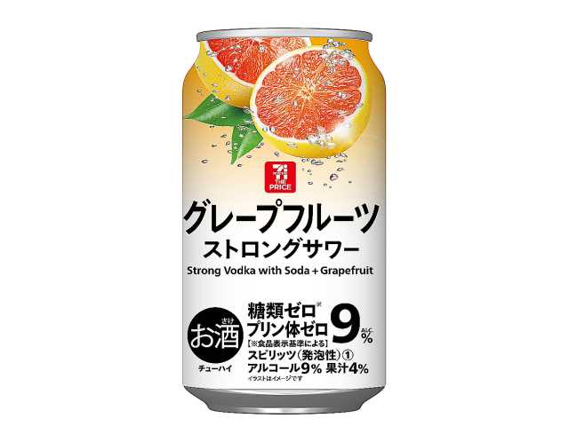 セブンイレブンの７ザプライス グレープフルーツストロングサワー３５０ｍｌを比較する。税込価格：102円。しっかりとしたアルコール感と、2種類のグレープフルーツ果汁を使った華やかな香り・酸味が感じられる味わいに仕上げました。