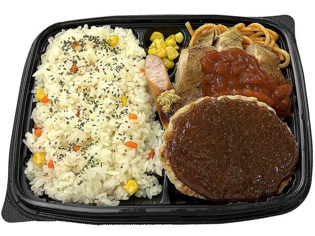 セブンイレブンの洋食ミックスグリル弁当を比較する。税込価格：754円、カロリー：727kcal、1円あたりカロリー：0.96kcal/円、たんぱく質：31.5g、1円あたりたんぱく質：0.04g/円、脂質：22.6g、炭水化物：100.5g、糖質：98.5g、食物繊維：2g、食塩相当量：5.7g。ハンバーグ、チキンステーキ、ソーセージと洋食の定番人気おかずを盛り合わせたお弁当です。アレルギー：卵、乳、小麦。