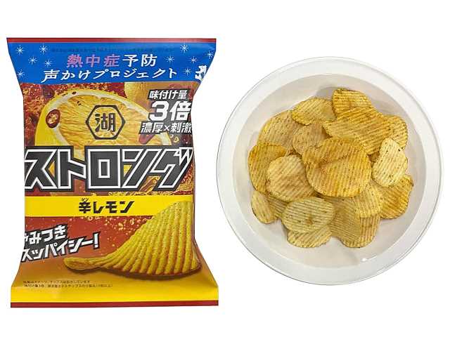 セブンイレブンの湖池屋 ストロング辛レモンを比較する。税込価格：180円。アレルギー：乳、小麦。